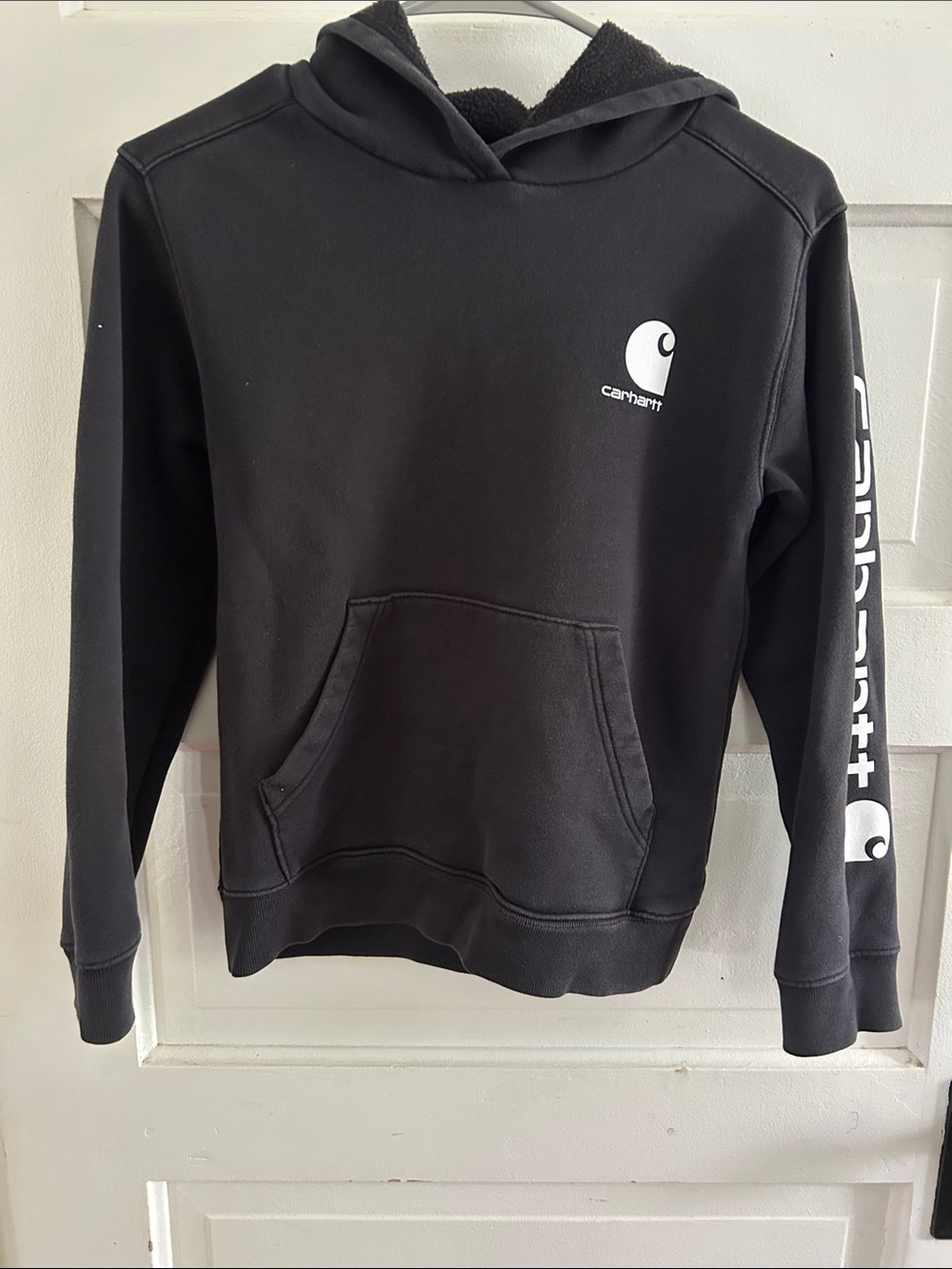 Kids Carhartt Black Hoodie with White Logo Sz Yourh M 10-12
